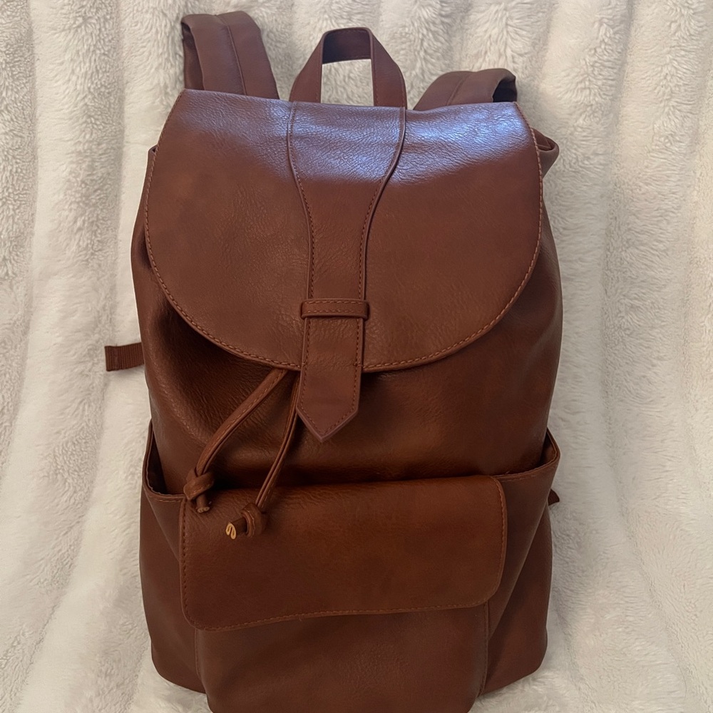 Carmel Brown Soft Vegan Leather Drawstring Vintage Style Backpack with Flap